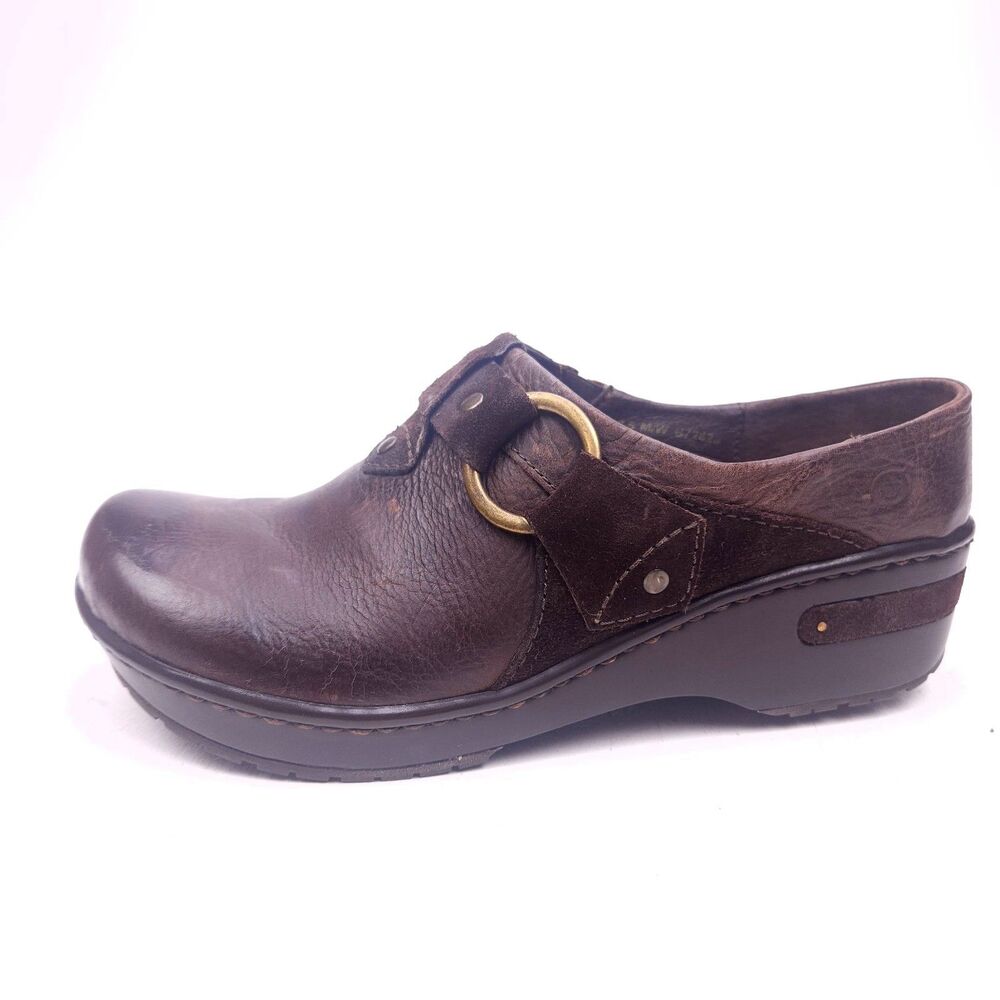Born Concepts Brown Leather Suede Trim Clogs - Size 9